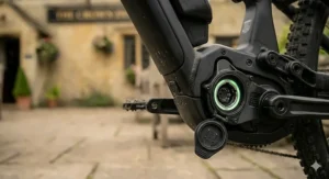 Easy access charging port on a modern electric enduro bike frame.