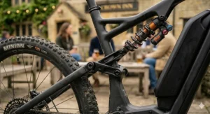 Technical shot of a powerful electric enduro bike motor for steep climbs.
