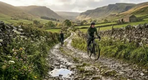 An electric gravel bike being ridden down a rough, wet stone track lined with wildflowers and dry stone walls, featuring a puddle reflecting the overcast British sky.