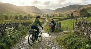 A rear-view perspective of two cyclists on electric gravel bikes pausing briefly on a water-logged gravel path next to a pasture filled with grazing sheep.