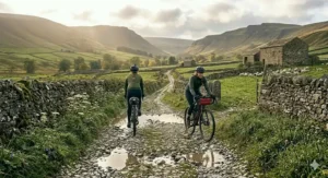 Two cyclists exploring a remote valley on a pair of electric gravel bikes, successfully navigating a flooded and rocky trail sections flanked by historic stone walls.