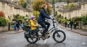 A cyclist using the motor assist on an electric cargo bike to easily pedal up a steep residential hill.