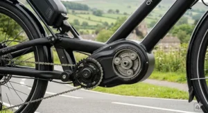 Detailed view of the mid-drive electric motor integrated into the frame of a recumbent bike.