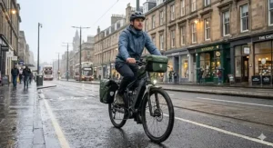 A cyclist wearing a helmet and waterproof jacket riding the grey electric touring bicycle fitted with full-length mudguards and integrated lights along a wet, glistening tramline street in Edinburgh past historic sandstone buildings.