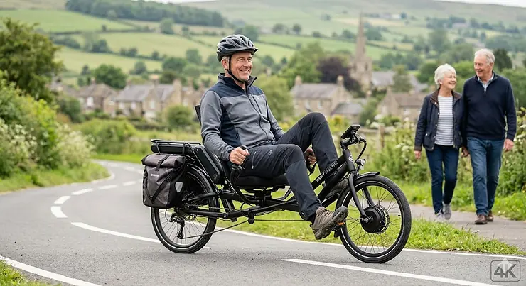 A person riding a comfortable electric recumbent bike on a paved cycle path in the British countryside. electric recumbent bike
