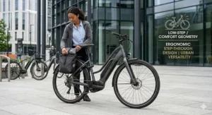 A compact, premium folding e-bike being easily carried onto a UK passenger train carriage during a daily commute.