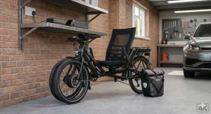 A compact, partially folded electric recumbent bike being stored in a home garage.
