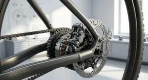 Detailed view of premium hydraulic disc brakes and carbon belt drive on a luxury electric bicycle for superior stopping power in wet British weather.