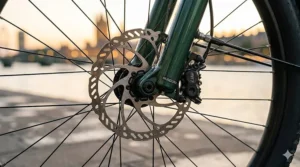 Close-up of a powerful mid-drive motor on a high specification electric bike for efficient hill climbing.