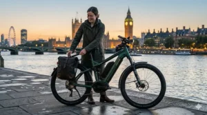 A high specification electric mountain bike (e-MTB) with full suspension tackling a muddy British woodland trail.
