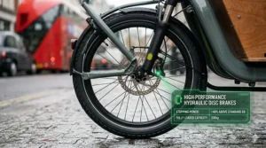 Technical illustration of hydraulic disc brakes designed for a heavy duty cargo electric bike.