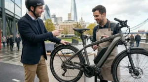 Detail shot of high-end hydraulic disc brakes on a premium e-bike, ensuring safety in wet British weather.