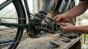 Detailed shot of hydraulic disc brakes on an electric tandem bike for safe stopping.