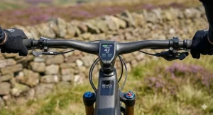 Detail of a removable lithium-ion battery hidden within the downtube of a carbon fibre electric road bike.