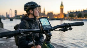 A lightweight carbon fibre frame on a high specification electric bike showing seamless battery integration.