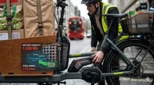 Close-up of the dual-battery system on a heavy duty cargo electric bike for long-distance UK deliveries.