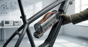Illustration of a high-capacity, removable lithium-ion battery integrated into the frame of a luxury electric bike for extended range.