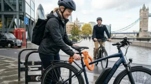 A premium touring e-bike equipped with panniers on a scenic coastal road in Cornwall, ideal for long-distance cycling.