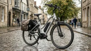 A view of an adapted electric bike featuring a low-step frame to make mounting and dismounting easier for the rider.