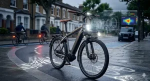 Night-time illustration showing the integrated LED front and rear lighting system on a luxury electric bike for safe riding in low-light UK conditions.