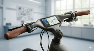 An integrated handlebar display on a luxury e-bike showing GPS navigation and battery range for long-distance touring in the UK.