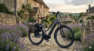 A luxury electric step-through bike parked on a scenic Cotswolds cycle path, featuring a leather saddle and integrated pannier racks.