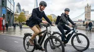 Close-up of a high-performance Bosch mid-drive motor and integrated battery on a luxury electric bicycle.