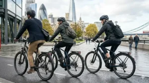 A smartphone mounted on e-bike handlebars showing a premium GPS navigation and anti-theft tracking app interface.