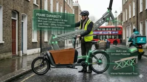Cutaway view of the reinforced steel frame on a heavy duty cargo electric bike.