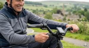 A cyclist adjusting the handlebars on their electric recumbent bike for a customised fit.