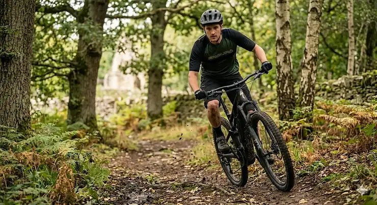A mountain biker riding an electric enduro bike through a forest trail. electric enduro bike