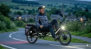 Bright LED lights and reflective gear on an electric recumbent bike to ensure visibility on British roads.