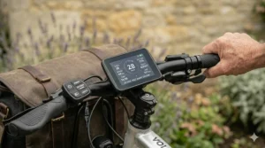 High-visibility integrated front and rear lights on an adapted electric bike, ensuring rider safety during low-light conditions.