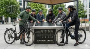A modern step-through electric city bike with integrated lighting, mudguards, and a pannier rack for comfortable urban riding.
