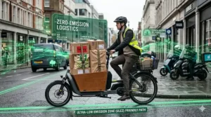 Diagram showing how a heavy duty cargo electric bike reduces carbon emissions in UK Clean Air Zones.
