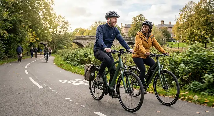 A detailed side profile of a modern 250w EAPC compliant electric hybrid bike, ideal for UK city commuting. 250w EAPC compliant electric bike