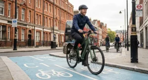 A rider safely navigating a busy London street in a cycle lane on a 250w EAPC electric bike.