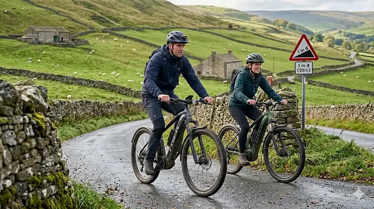 An all-terrain e-bike on a gravel country lane, demonstrating versatile hill performance. mid drive electric bike for hills