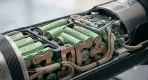 A high-detail photorealistic macro illustration of an intricate matrix of cylindrical lithium-ion battery cells, each with metallic green casing and micro-laser-etched details. The cells are nested within an engineered composite cradle featuring internal cooling channels, precisely joined by copper busbars and routed fine, braided electrical connections, highlighting the complex thermal management system for safety and efficiency.