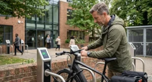 The display panel on a carbon fibre ebike indicating battery range, speed, and assist mode.
