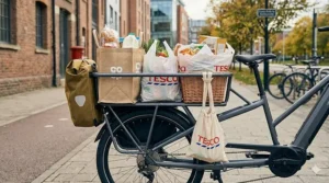 A versatile electric cargo bike carrying weekly shopping bags on a local cycle path.