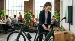 A professional commuter in an office setting connecting their e-bike to a wall-mounted charger for a convenient 2-hour charge.