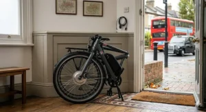 A rider charging the removable battery of their front-wheel drive electric bike at home.