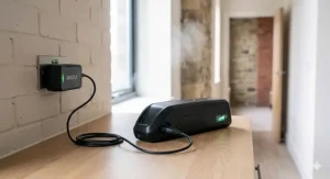 An electric bike battery charging safely indoors, following best practices for charging e-bikes during cold winter months.