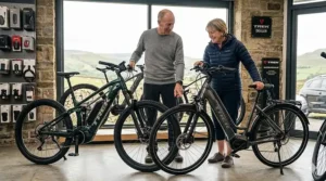 A couple in a bike shop selecting an e-bike model with a comfortable, upright riding position.