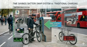 Comparison chart showing time savings of a battery swap system versus traditional ebike charging.