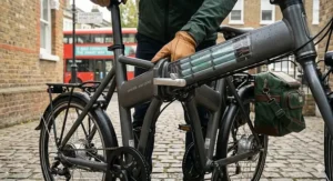 A person enjoying a leisurely cycle through a park on their front-wheel drive electric bike.