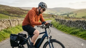 Alt text for image 9: A cyclist checking a route on their handlebar-mounted GPS while riding a touring e-bike in the countryside.