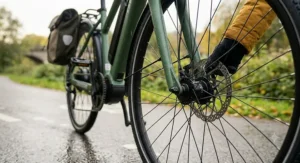 Powerful hydraulic disc brakes on a 250w e-bike, ensuring safe stopping in typical wet UK weather.