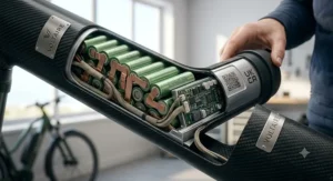 A 4K photorealistic close-up illustration of high-quality metallic green 21700 lithium-ion battery cells, precisely packed within an electric bike frame tube cross-section. Integrated components like copper busbars, a miniaturised BMS circuit board with a laser-etched UKCA certification mark, and subtle 'Premium Cell Tech' branding are visible, showcasing rigorous manufacturing and safety standards.